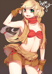 Size: 920x1302 | Tagged: safe, artist:loyproject, character:applejack, species:human, armpits, bandeau, belly button, clothing, cowboy vest, elf ears, elfification, female, fingerless gloves, gloves, humanized, midriff, short skirt, simple background, skirt, solo