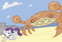Size: 1024x696 | Tagged: safe, artist:oblivinite, character:rarity, species:crab, rarity fighting a giant crab, sword