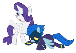 Size: 1624x1137 | Tagged: safe, artist:dotrook, character:nightshade, character:rarity, clothing, costume, duo, goggles, missing cutie mark, sad, shadowbolts, shadowbolts costume, simple background, transparent background