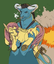 Size: 1280x1498 | Tagged: safe, artist:fillyphalanx, character:fluttershy, character:iron will, species:minotaur, species:pony, badass, carrying, cigarette, dock, explosion, eyepatch, holding a pony, hooves, plot, smoking, unshorn fetlocks