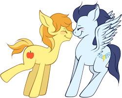 Size: 787x634 | Tagged: safe, artist:legalese, character:braeburn, character:soarin', species:earth pony, species:pegasus, species:pony, ship:soarburn, :t, blush sticker, blushing, boop, braebetes, cute, eyes closed, floppy ears, gay, male, noseboop, nuzzling, raised leg, shipping, simple background, smiling, soarinbetes, spread wings, stallion, transparent background, wings