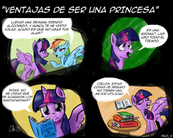 Size: 2546x2027 | Tagged: safe, artist:obsequiosity, character:rainbow dash, character:twilight sparkle, character:twilight sparkle (alicorn), species:alicorn, species:pony, book, comic, female, mare, spanish, translation