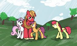 Size: 2000x1200 | Tagged: safe, artist:sotoco, character:apple bloom, character:big mcintosh, character:scootaloo, character:sweetie belle, species:earth pony, species:pegasus, species:pony, species:unicorn, g4, adult, big macintosh gets all the mares, braid, cutie mark crusaders, female, flirting, harem, male, mare, older, older apple bloom, older scootaloo, older sweetie belle, open mouth, profile, raised hoof, scootamac, shipping, smiling, stallion, straight, sweat, sweetiemac, three quarter view