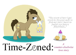 Size: 1024x744 | Tagged: safe, artist:vampteen83, character:derpy hooves, character:doctor whooves, character:time turner, species:pony, age regression, baby, baby bottle, baby pony, cookie, diaper, filly, food, muffin, time travel
