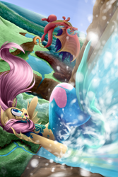 Size: 3317x4961 | Tagged: safe, artist:rouletteobsidian, character:fluttershy, species:dragon, cliff, mermaid, mermaidized, merpony, reaching, river, scenery, sky, waterfall