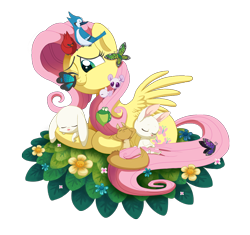 Size: 996x937 | Tagged: safe, artist:circustent, character:fluttershy, species:bird, species:pegasus, species:pony, species:rabbit, g4, animal, blue jay, butterfly, cardinal, cute, eyebrows, female, flower, frog, lying down, mare, mouse, one eye closed, prone, resting, shyabetes, simple background, sleeping, smiling, spread wings, squirrel, transparent background, wings