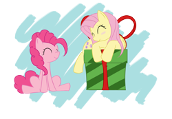 Size: 5442x3769 | Tagged: safe, artist:prozenconns, character:fluttershy, character:pinkie pie, abstract background, blushing, duo, eyes closed, present, smiling