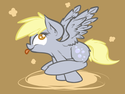 Size: 2400x1800 | Tagged: safe, artist:oblivinite, character:derpy hooves, species:pony, balancing, blep, cute, female, fluffy, raised leg, silly, silly pony, smiling, solo, spread wings, tongue out, wings