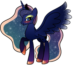 Size: 900x804 | Tagged: safe, artist:zombiecollie, character:princess luna, ask lusty luna, bedroom eyes, blushing, eyeshadow, female, looking at you, lusty luna, missing accessory, open mouth, raised hoof, simple background, smiling, solo, spread wings, wings