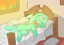 Size: 2000x1400 | Tagged: dead source, safe, artist:oblivinite, character:bon bon, character:lyra heartstrings, character:sweetie drops, bed, duo, ear fluff, eyes closed, fluffy, open mouth, sleeping