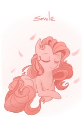 Size: 500x739 | Tagged: safe, artist:foxda, character:pinkie pie, species:earth pony, species:pony, eyes closed, female, missing cutie mark, prone, smiling, solo