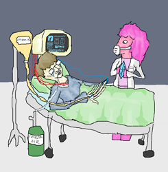 Size: 737x753 | Tagged: safe, artist:crystals1986, character:pinkie pie, oc, self insert, species:anthro, species:human, bed, crying, crystal, doctor, electrocardiogram, glasses, hand, hospital, mask, quality, sick, wat, why, wtf