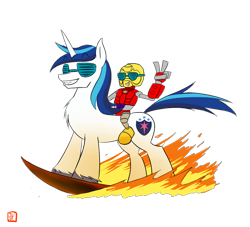 Size: 1100x1000 | Tagged: safe, artist:lordvader914, character:shining armor, actor allusion, bionicle, crossover, fire, happy birthday andrew francis, jaller, lego, matoran, simple background, sunglasses, transparent background, voice actor joke