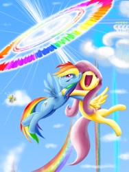 Size: 1200x1600 | Tagged: safe, artist:forevernyte, character:derpy hooves, character:fluttershy, character:rainbow dash, species:pegasus, species:pony, ship:flutterdash, excited, female, happy, lesbian, mare, shipping, sonic rainboom