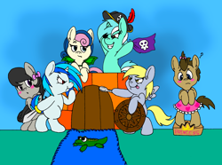 Size: 1972x1468 | Tagged: safe, artist:tilly-towell, character:bon bon, character:derpy hooves, character:dj pon-3, character:doctor whooves, character:lyra heartstrings, character:octavia melody, character:sweetie drops, character:time turner, character:vinyl scratch, species:dragon, species:earth pony, species:pegasus, species:pony, species:unicorn, :o, :t, alligator, background six, bipedal, blank flank, blushing, bow, castle, clothing, colt, crocodile, crossdressing, cute, drag, dress, female, filly, fort, frown, glare, grin, hat, male, pirate, playing, plushie, pretend, question mark, shield, skull, smiling, smirk, spoon, sword, tongue out, weapon, wings, younger