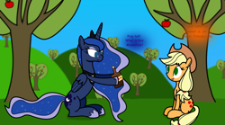 Size: 2268x1260 | Tagged: safe, artist:dbapplejack, character:applejack, character:princess luna, apple tree, hoof hold, moonshine, open mouth, sitting, smiling, this will not end well, tree, vector