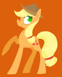 Size: 1041x1289 | Tagged: safe, artist:foxda, character:applejack, species:pony, colored pupils, female, orange background, raised hoof, simple background, smiling, solo