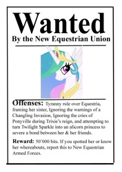 Size: 751x1063 | Tagged: dead source, safe, artist:jax5485, character:princess celestia, celestia hate, hate, new lunar republic, op is a duck, op started shit, poster, text, tyrant celestia, wanted poster