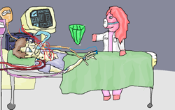 Size: 916x580 | Tagged: safe, artist:crystals1986, character:pinkie pie, self insert, species:anthro, species:human, bed, blood, crying, crystal, doctor, electrocardiogram, glasses, hand, hospital, mask, quality, urine, why