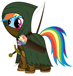 Size: 3208x3342 | Tagged: safe, artist:rainbowcrab, character:rainbow dash, archer dash, arrow, arrows, bow (weapon), bow and arrow, cloak, clothing, female, hood, ithilien, ithilien rangers, lord of the rings, quiver, simple background, solo, sword, transparent background, vector, warrior, weapon