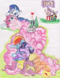 Size: 2487x3237 | Tagged: safe, artist:deihiru, character:angel bunny, character:applejack, character:fluttershy, character:gilda, character:gummy, character:pinkie pie, character:princess cadance, character:rainbow dash, character:rarity, character:twilight sparkle, species:griffon, ship:appleshy, ship:omniship, ship:raripie, ship:twidash, cuddle puddle, female, heart, lesbian, long tail, mane six, missing accessory, polyamory, pony pile, shipping, sleeping, traditional art