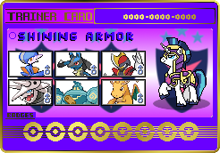 Size: 246x172 | Tagged: safe, artist:seaandsunshine, character:shining armor, aggron, crossover, dragonite, gallade, lucario, pokémon, trainer card