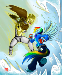 Size: 900x1080 | Tagged: safe, artist:lordvader914, character:rainbow dash, species:anthro, species:unguligrade anthro, bionicle, crossover, epic, fight, lego, takanuva, twilight gauntlet