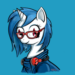 Size: 1000x1000 | Tagged: safe, artist:turbosolid, character:dj pon-3, character:vinyl scratch, blue background, clothing, cute, female, glasses, headphones, hipster, hoodie, looking at you, nerd, signature, simple background, smiling, solo, vinylbetes