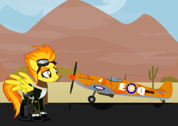 Size: 1024x728 | Tagged: safe, artist:zehfox, character:spitfire, species:pegasus, species:pony, boots, cactus, clothing, female, fighter, goggles, lidded eyes, mare, military, military uniform, namesake, plane, saguaro cactus, scarf, solo, spread wings, supermarine spitfire, uniform, wings