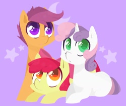 Size: 1138x967 | Tagged: safe, artist:foxda, character:apple bloom, character:scootaloo, character:sweetie belle, species:earth pony, species:pegasus, species:pony, species:unicorn, blank flank, bow, colored pupils, cutie mark crusaders, female, filly, foal, group, hair bow, heart eyes, lineless, looking at something, looking up, prone, purple background, simple background, smiling, starry eyes, stars, surprised, trio, wingding eyes