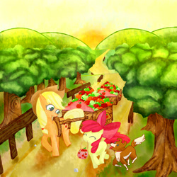 Size: 2000x2000 | Tagged: dead source, safe, artist:jesrartes, character:apple bloom, character:applejack, character:winona, species:dog, species:earth pony, species:pony, g4, apple, apple sisters, cart, female, filly, foal, food, high res, mare, mouth hold, paint tool sai, siblings, sisters, tree, trio