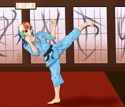Size: 3500x3000 | Tagged: safe, artist:theimmolatedpoet, character:rainbow dash, barefoot, black belt, clothing, feet, female, gi, humanized, karate, martial arts, robe, solo, trousers
