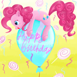 Size: 2500x2500 | Tagged: dead source, safe, artist:jesrartes, character:pinkie pie, species:earth pony, species:pony, g4, abstract background, balloon, birthday, candy, female, happy, happy birthday, high res, lollipop, mare, paint tool sai, party, solo, then watch her balloons lift her up to the sky