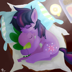 Size: 2500x2500 | Tagged: dead source, safe, artist:jesrartes, character:spike, character:twilight sparkle, character:twilight sparkle (unicorn), species:dragon, species:pony, species:unicorn, g4, bed, bed mane, candle, cute, duo, eyes closed, female, filly, high res, hug, male, mama twilight, paint tool sai, pillow, sleeping, spikabetes, spikelove, twiabetes