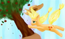 Size: 5000x3000 | Tagged: dead source, safe, artist:jesrartes, character:applejack, character:bloomberg, species:earth pony, species:pony, g4, apple tree, falling, female, mare, paint tool sai, tree