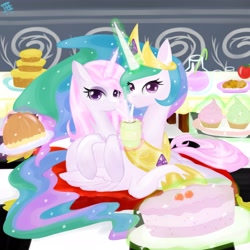 Size: 2500x2500 | Tagged: dead source, safe, artist:jesrartes, character:fleur-de-lis, character:princess celestia, species:alicorn, species:pony, species:unicorn, ship:fleurestia, g4, cake, cakelestia, cuddling, cup, cupcake, drinking, female, food, high res, leaning, lesbian, looking at you, magic, mare, paint tool sai, prone, rarepair, shipping, snuggling, straw, telekinesis