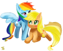 Size: 1500x1200 | Tagged: dead source, safe, artist:jesrartes, character:applejack, character:rainbow dash, species:earth pony, species:pegasus, species:pony, ship:appledash, g4, blushing, crossed hooves, female, lesbian, mare, shipping, simple background, transparent background, whispering