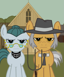 Size: 639x768 | Tagged: safe, artist:filipinoninja95, character:cloudy quartz, character:igneous rock pie, species:earth pony, species:pony, american gothic, equestrian gothic, fine art parody, hilarious in hindsight, parody