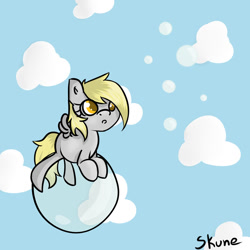Size: 900x900 | Tagged: safe, artist:skune, character:derpy hooves, species:pegasus, species:pony, :o, bubble, cloud, cloudy, cute, female, floating, mare, prone, solo