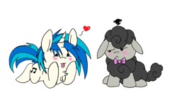 Size: 1332x750 | Tagged: safe, artist:tilly-towell, character:dj pon-3, character:octavia melody, character:vinyl scratch, species:pony, species:sheep, species:unicorn, ship:scratchtavia, :3, :<, blep, blush sticker, blushing, chest fluff, chibi, cute, ewe, female, floppy ears, fluffy, frown, glare, heart, lesbian, mare, prone, sheeptavia, shipping, simple background, smiling, species swap, squishy cheeks, tongue out, unamused, white background