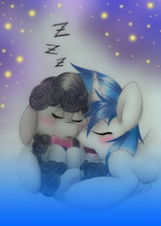 Size: 1204x1689 | Tagged: dead source, safe, artist:tilly-towell, character:dj pon-3, character:octavia melody, character:vinyl scratch, species:sheep, ship:scratchtavia, cuddling, female, lesbian, sheeptavia, shipping, sleeping, snuggling, species swap, zzz