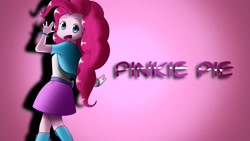 Size: 3840x2160 | Tagged: safe, artist:herostrain, character:pinkie pie, my little pony:equestria girls, boots, bracelet, clothing, female, high heel boots, jewelry, looking at you, pink background, raised leg, simple background, skirt, solo