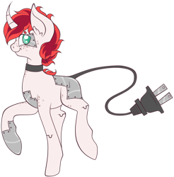 Size: 886x902 | Tagged: safe, artist:legalese, oc, oc only, species:pony, species:unicorn, augmented tail, charging, cyborg, plug, solo