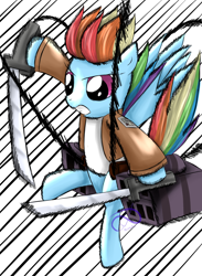 Size: 1100x1500 | Tagged: safe, artist:poisonicpen, character:rainbow dash, 3d maneuver gear, attack on titan, female, parody, solo