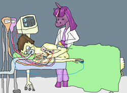 Size: 909x669 | Tagged: safe, artist:crystals1986, character:twilight sparkle, oc, self insert, species:anthro, species:human, bath, bed, crying, doctor, electrocardiogram, hospital, palindrome get, sick, sponge, urine