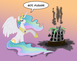 Size: 1000x800 | Tagged: safe, artist:the_gneech, part of a set, character:princess celestia, species:alicorn, species:pony, crossover, dalek, destruction, dialogue, doctor who, gradient background
