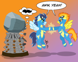 Size: 1000x800 | Tagged: safe, artist:the_gneech, part of a set, character:soarin', character:spitfire, character:tom, crossover, dalek, dialogue, doctor who, goggles, gradient background, hoofbump, wonderbolts, wonderbolts uniform