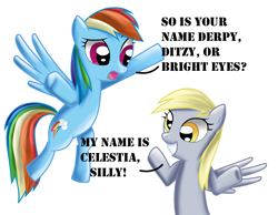 Size: 1420x1100 | Tagged: safe, artist:poisonicpen, character:derpy hooves, character:princess celestia, character:rainbow dash, species:pegasus, species:pony, dialogue, female, mare, name, simple background, white background