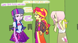 Size: 900x500 | Tagged: safe, artist:gikima, character:fluttershy, character:sunset shimmer, character:twilight sparkle, equestria girls:equestria girls, g4, my little pony: equestria girls, my little pony:equestria girls, crossover, dialogue, the most popular girls in school, vulgar