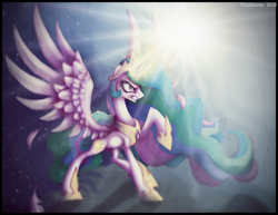 Size: 2036x1572 | Tagged: safe, artist:grinu, character:princess celestia, species:alicorn, species:pony, angry, badass, female, fight, magic, no more ponies at source, solo, spread wings, wings